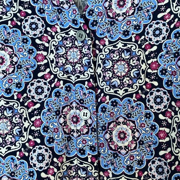 Loft  Medallion Button Ruffle Flounce Blue and Pink Dress Size Large - Picture 6 of 8